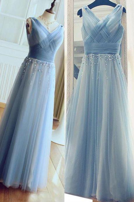 A-line Dusty Blue V-neck Bling Sleeveless Tulle Bridesmaid Dress with Crystals,Long Prom Dresses,B027