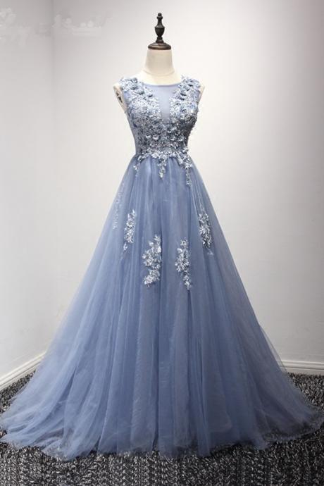 A-line Sleeveless Scoop Tulle Long Prom Dresses With Flowers,elegant Evening Dress,prom Dress Long,p127