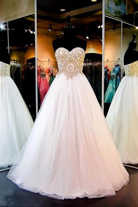 Gorgeous White Strapless Sweetheart Ball Gown Sparkly Tulle Wedding Dress With Gold Sequins,princess Bridal Dress,w055