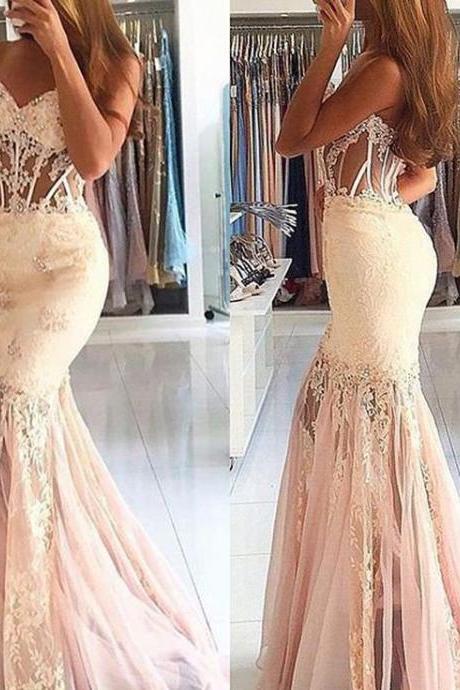 Nude Sheer Sweetheart Mermaid Lace Applique Long Tulle Prom Dresses With Boning Evening Gowns Custom Made,prom Dress,fashion Gown,p132