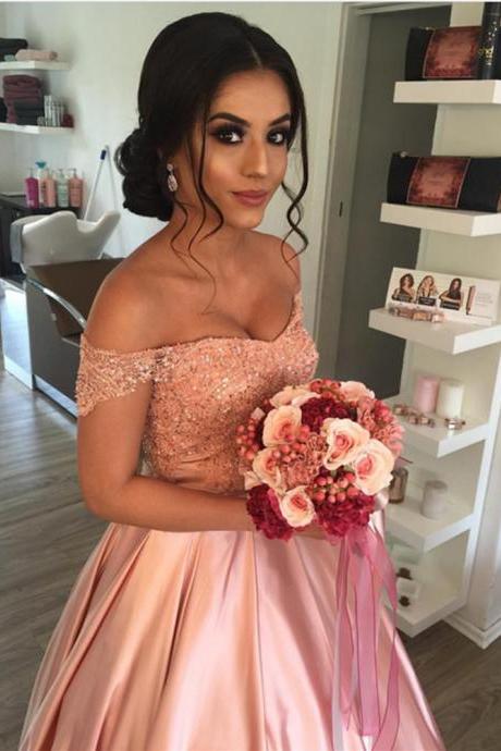 Elegant Lace Off Shoulder Pink Satin Prom Dress Wedding Dress Ball Gowns Custom Made Plus Size Bride Dresses,p136
