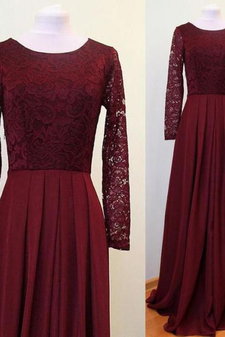 Scoop Long Sleeved Lace Chiffon A-line Floor-length Prom Nigh, Evening Dress, Bridesmaid Dress