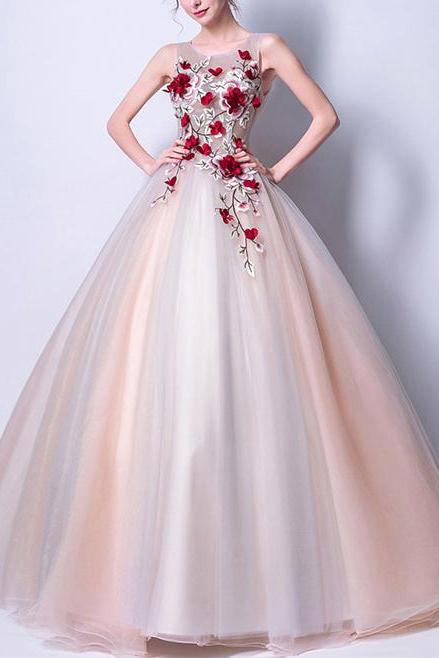 Ball Gown Scoop Sleeveless Open Back Long Tulle Prom Dress with Red Flowers,Floor-length Party Dresses,P143