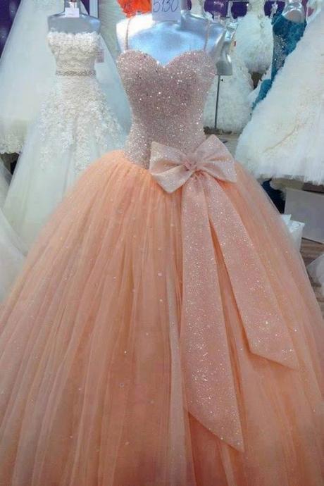 Spaghetti Strap Sweetheart Beaded Ball Gown, Evening Dress, Prom Dress Featuring Bow Accent