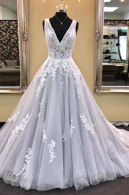 Ball Gown V-neck Sleeveless Long Tulle Prom Gown With Lace Appliques, Prom Dresses,p144