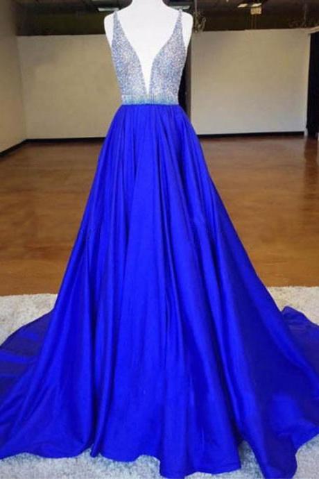 A-line Deep V-neck Sleeveless Sweep Train Royal Blue Prom Dress With Beading,long Evening Dresses,p147