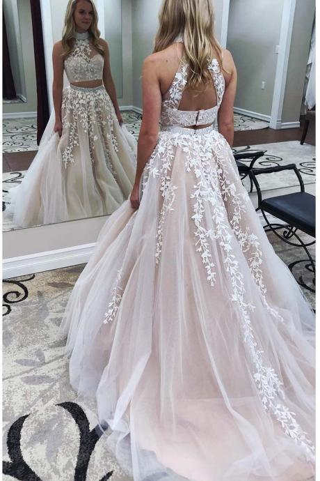Two Pieces A-line High Neck Open Back Light Champagne Sleeveless Sweep Train Lace Applique Prom Dress,p148