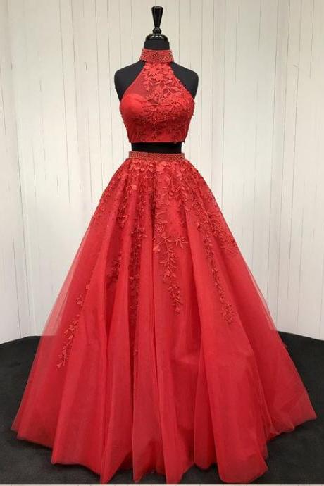 Style Two Piece High Neck Open Back Red Prom Dress,a-line Lace Applique Evening Dress,elegant Tulle Party Dress,p152