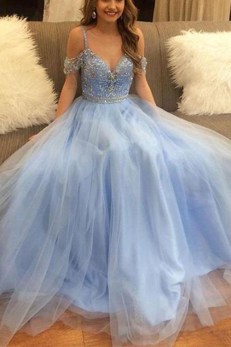 Blue Straps Stylish A-line Off-shoulder Tulle Prom Dress,long Evening Dress With Beading,sexy Sparkly Party Dresses,p156