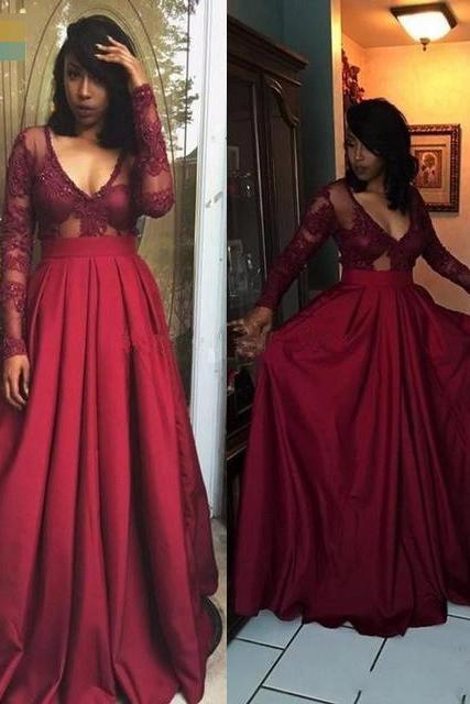 Dark Red Long Sleeve Deep V-neck Satin Floor Length Evening Dress,sexy Prom Gown,long Formal Gown,p157