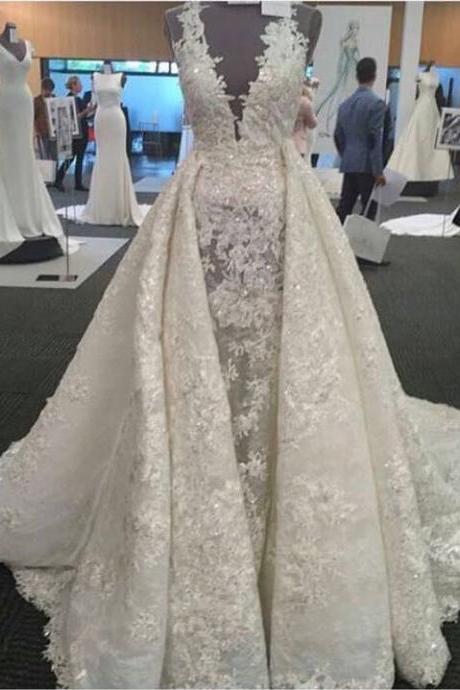 Ivory Luxurious Deep V Neck Sleeveless Lace Long Wedding Dress,lace Bridal Gown,unique Wedding Gown,w067