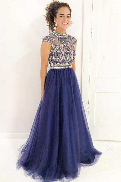 Stylish A Line High Neck Prom Dresses,cap Sleeves Beaded Tulle Long Evening Dress,sparkly Beading Party Dress,p158