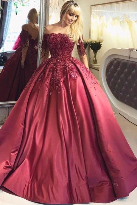 Burgundy Long Sleeves Quinceanera Dresses,sheer Neck Beaded Appliques Ball Gown 16 Sweet Girls Prom Party Special Occasion Gowns,p159