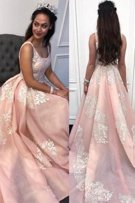 A-line Scoop Pink Long Prom Dress With Appliques,sexy Backless Formal Gown,special Occasion Gown ,p163