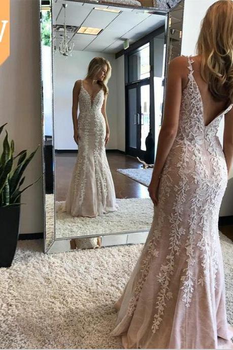 Mermaid Deep V-neck Backless Light Champagne Prom Dress With Appliques,sexy Sleeveless Floor Length Formal Dress,evening Dress,p167