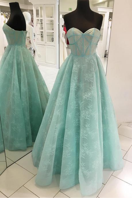 A-line Sweetheart Princess Sweetheart Mint Green Lace Long Prom Dress,floor Length Party Dress,p168