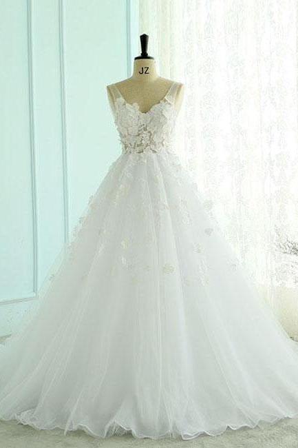 Charming Sleeveless V Neck Tulle Prom Dress with Appliques,Long Wedding Dress,Bridal Dress,Cheap Custom Made Formal Dress,P169