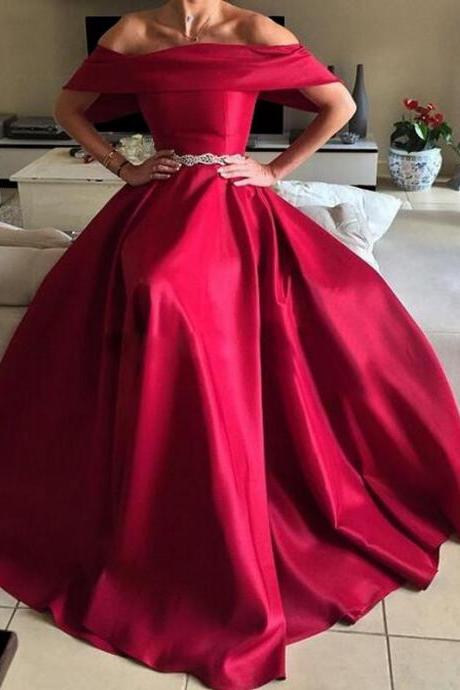Red A-line Off The Shoulder Satin Prom Dress,long Elegant Formal Gown With Belt,custom Made Evening Dresses,p170