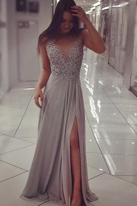 Gray Sleeveless Sheer Neck Beading Chiffon Split Prom Dresses,a-line Sparkle Long Formal Dresses,party Gown,p172