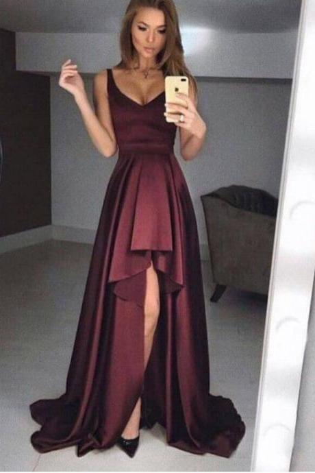 Sexy Maroon A-line Sleeveless High-low Evening Dress,unique Satin Prom Dresses,charming Formal Dress,p174
