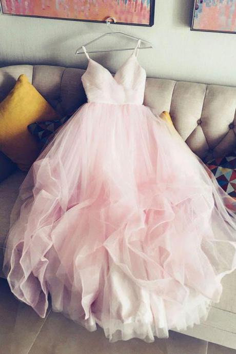 Pink Wedding Dresses,Floor Length Tulle Wedding Dresses,Straps V neck Pink Wedding Dresses with Pleats,W068