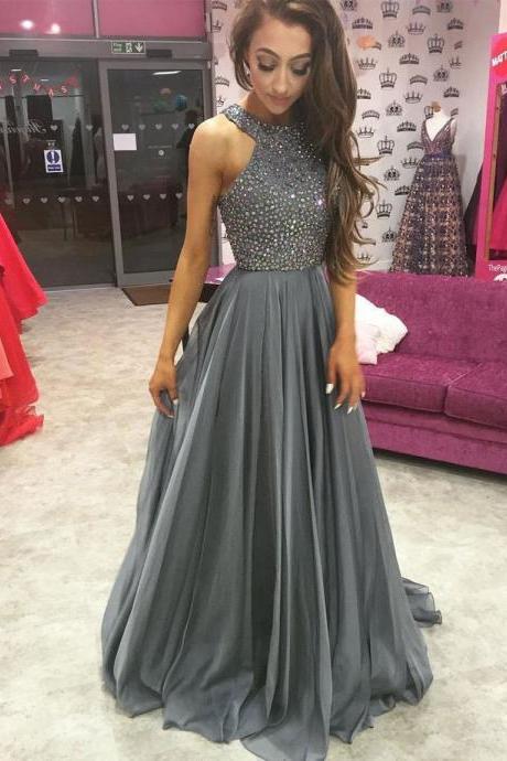 Gray Beading Chiffon Prom Dress,a-line Jewel Sleeveless Beaded Evening Gown,formal Gown,p179