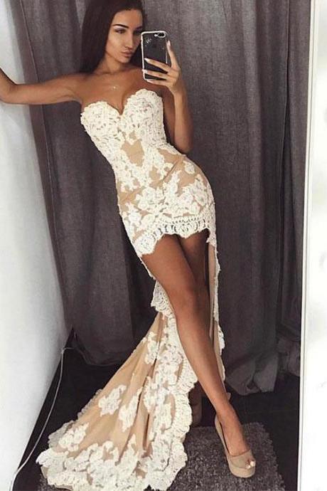 Sexy Sweetheart High Low Party Dress With Lace Appliques,champagne Strapless Mermaid Prom Dress,p184