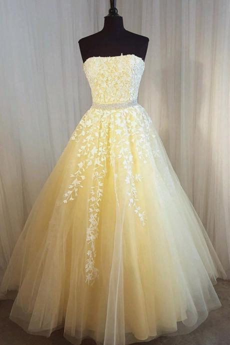 Custom Made Gorgeous Yellow Prom Dress,sexy Strapless Evening Dress,beading Appliques Prom Dress,floor Length Prom Gown,p187
