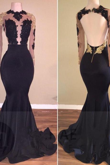 2018 Black Mermaid Prom Dresses Gold Lace Appliques See Through Open Back Long Sleeves Prom Evening Gowns,p188