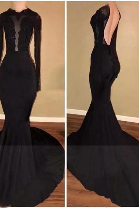 Black Jewel Long Sleeves Prom Dress,sexy Backless Mermaid Formal Gown,long Trumpet Evening Dress,p189