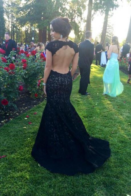 Black Modern Sweep Train Cap Sleeve Lace Mermaid 2018 Prom Dress,sexy Lace Evening Gowns,p190