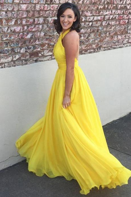 A-line Yellow Halter Prom Dress,floor Length Chiffon Sleeveless Party Dress,princess Long Dresses,p192
