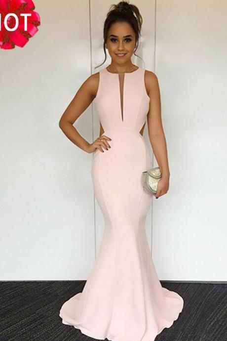 Mermaid Round Neck Prom Gown,sexy Sweep Train Pearl Pink Open Back Prom Dress,elegant Evening Dresses,p193