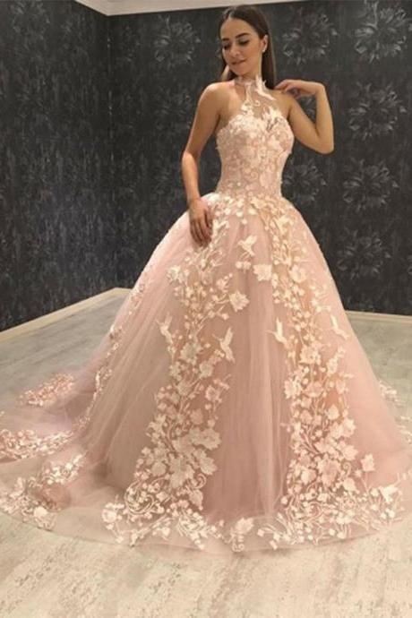 Gorgeous Ball Gown Halter Sweep Train Prom Dress,pink Tulle Prom Dress With Appliques, Party Dress With Appliques,p195