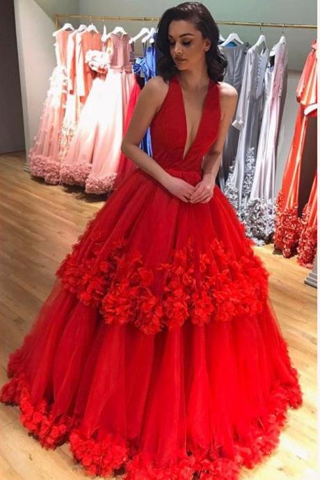 Charming Deep V Neckline Layered Tulle Red Prom Dresses Ball Gowns,sexy Halter Quinceanera Dresses,p199