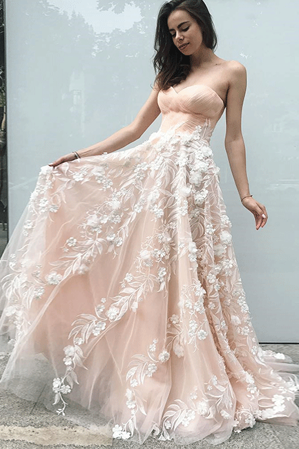 A-line Sweetheart Appliques Tulle Prom Dress,Long Flower Strapless Party Gown,Floor-length Evening Dresses,P200