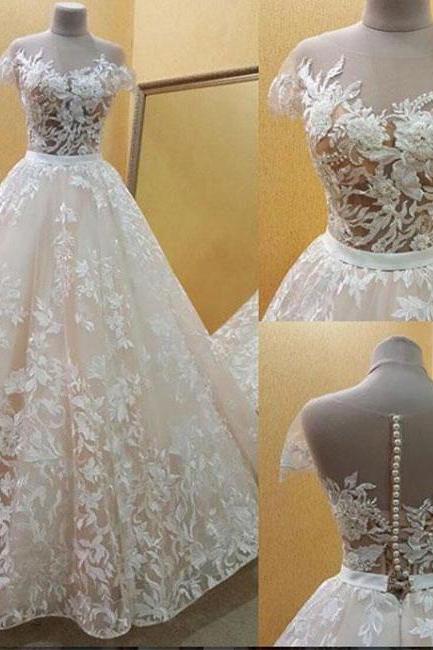 See-through Short Sleeve Long Lace Prom Dress,Wedding Dress,Long Charming Prom Dress with Lace Appliques,P203