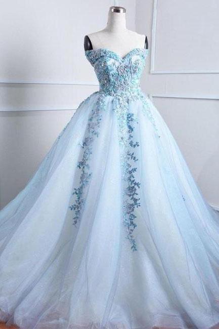 Light Blue Sweetheart Prom Dress,a-line Tulle Appliqued Formal Dress,custom Made Evening Dress, Strapless Party Dress,p205