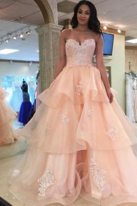 Applique Prom Dresses,Princess Prom Dresses,Long Prom Dresses,Strapless Backless Lace Organza Long Qunceanera Dresses Prom Dresses,P206
