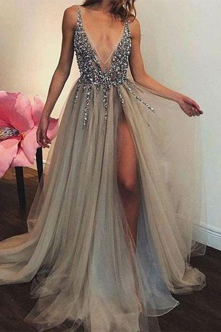 Sexy Backless Sparkly Prom Dress,a-line Sequined Split Tulle Evening Dresses,silver Gray Tulle Prom Gown With V Back,p212