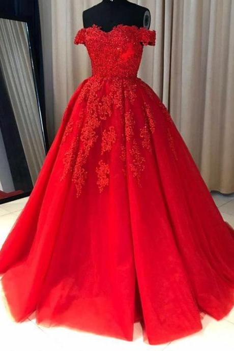 A-line Off Shoulder Red Lace Appliques Evening Prom Dresses,red Tulle Long Sweet 16 Dresses,sweep Train Graduation Dresses,p217
