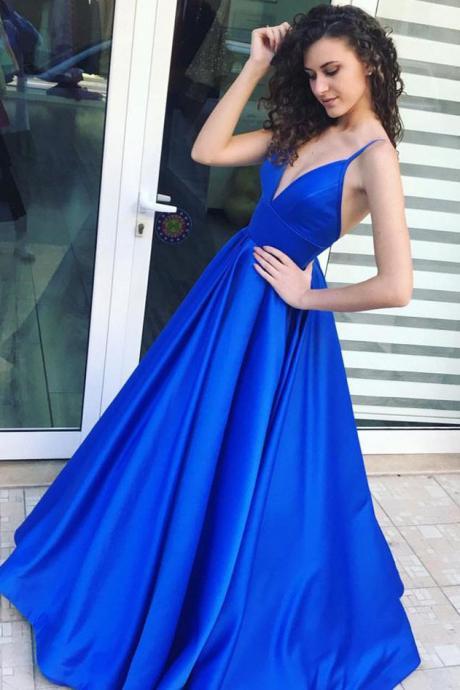 A-line Spaghetti Straps Prom Gown,royal Blue Satin Long Prom Dress With Pleats,simple Floor Length Graduation Dresses,p218