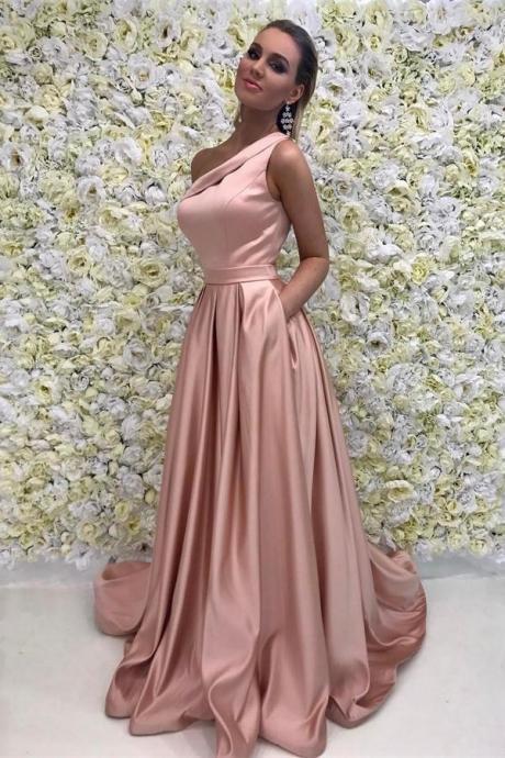 Pink A-line Prom Dresses,one Shoulder Prom Dresses,long Satin Prom Dresses,sweep Train Sleeveless Evening Dresses,party Dresses,p219