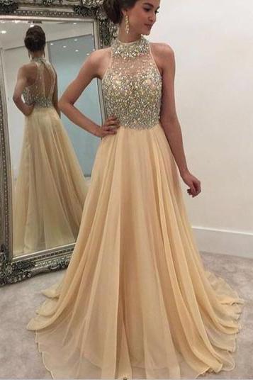Charming Beading Champagne Prom Dress, Long Prom Dresses With Sequins,high Neck Sleeveless Chiffon Evening Dress,p223