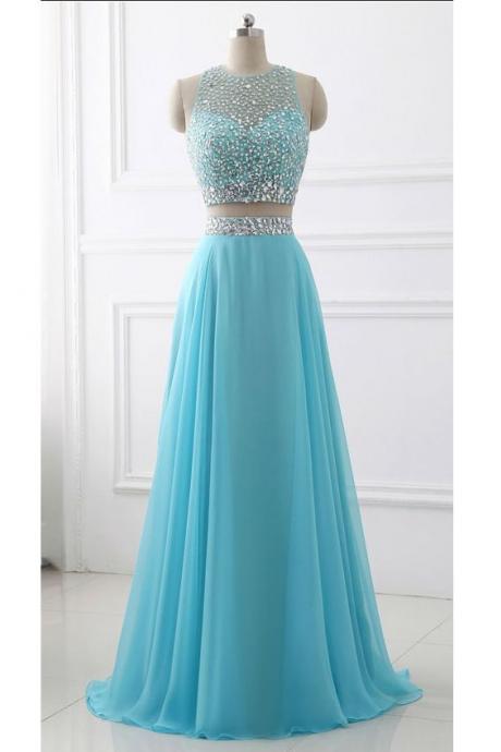 Blue Two Piece Chiffon Beaded Sparkle Long Prom Dress,Two Piece Round Neck Sleeveless Junior Party Dress,Formal Gowns,P226