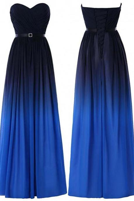 Gradient Prom Dress,ombre Sweetheart Prom Gown,a-line Long Evening Dress With Belt,lace Up Back Blue Prom Dresses,p227