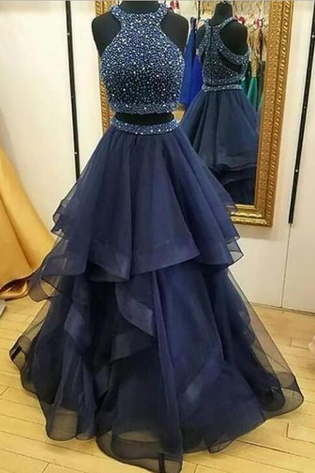 Navy Blue Two Piece Jewel Sleeveless Beading Prom Dress,a-line Floor Length Graduation Dresses,p233