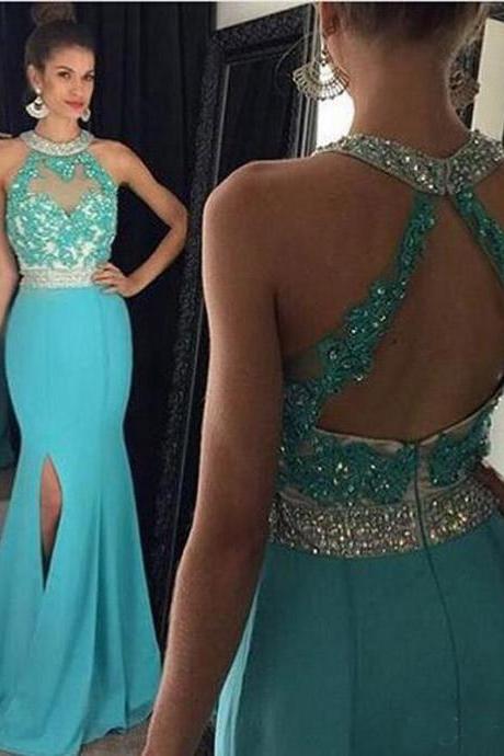 Turquoise Mermaid Prom dresses,Long Jewel Appliqued Beading Chiffon Evening Dress Party Gown,Long Open Back Split Prom Dress,P239