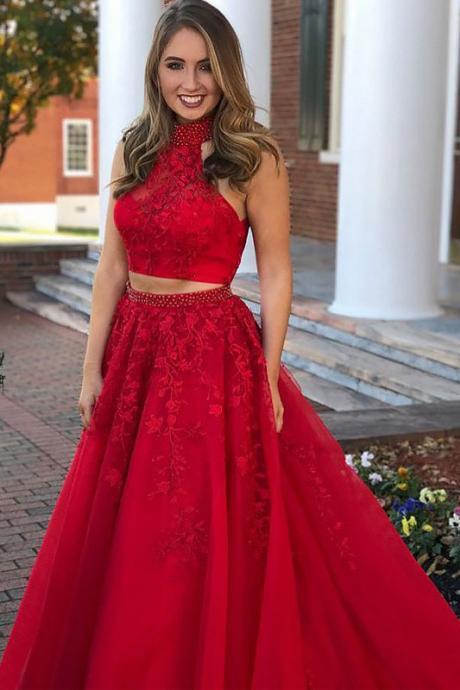 A-Line Red Long Tulle Prom Dress with Appliques,Princess Sleeveless Jewel Beading Tulle Floor-Length Two Piece Party Dresses,P241
