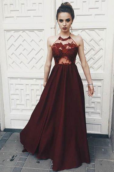A-line Sexy Halter Sleeveless Prom Dresses,dark Red Illusion Bodice Halter Long Party Gowns A Line Custom Made Evening Prom Dress,p243